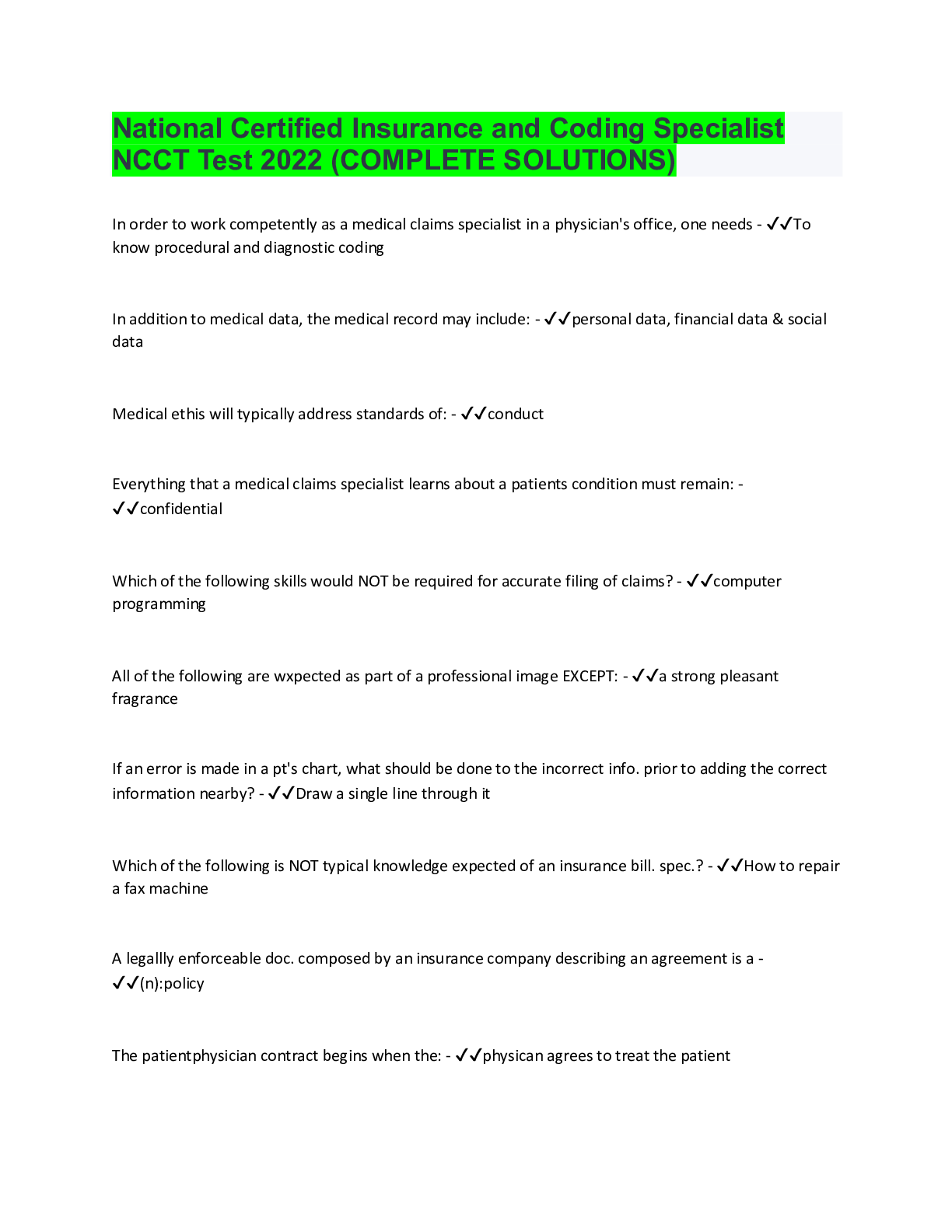 Preview image for National Certified Insurance and Coding Specialist NCCT Test 2022 (COMPLETE SOLUTIONS)